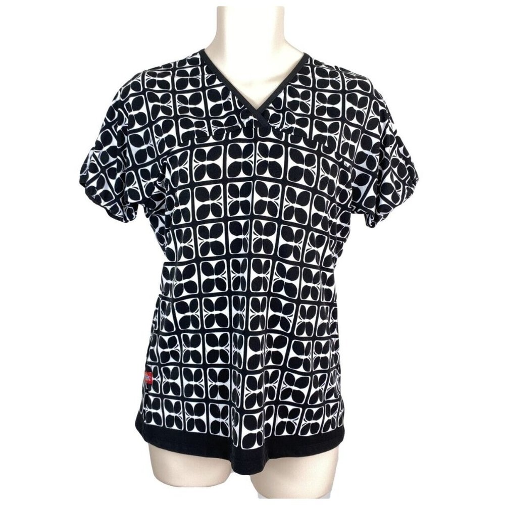 Dickies Womens Sz S Black & White Short Slv V-Neck Butterfly Stretchy Scrub Top